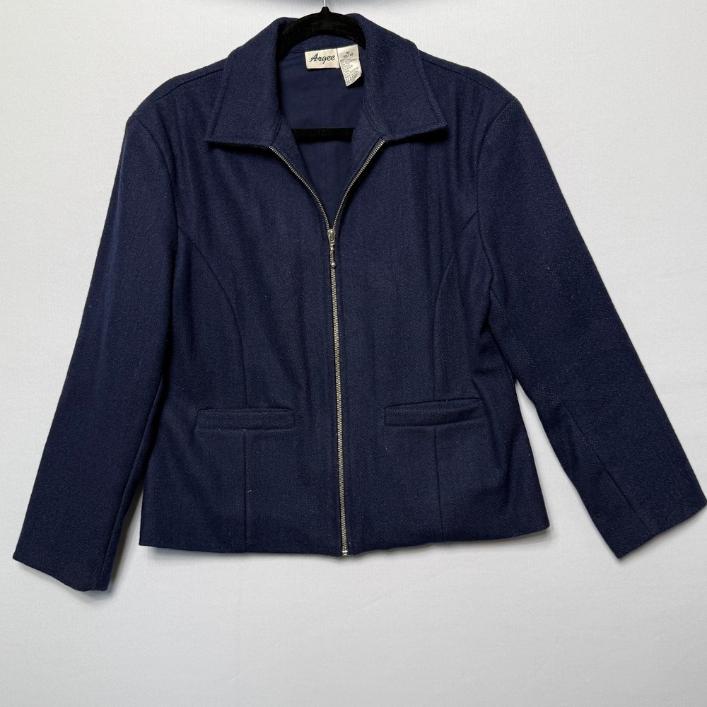 Argee Vintage Navy Wool Blend Zip Up Jacket Women's Medium 10/12 Dark Academia